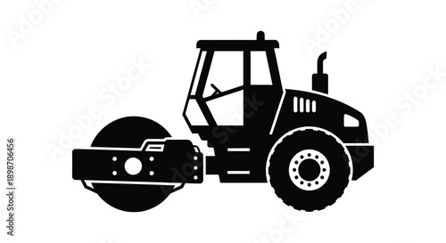 A stark black silhouette depicts a heavy duty road roller machine showcasing construction equipment against a plain background silhouette high quality