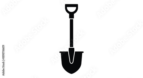 A simple black graphic depicts a garden shovel standing vertically highlighting its shape and function as a tool silhouette