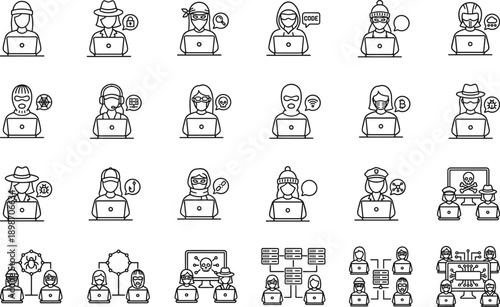 Cybersecurity hacker avatar line icons set showing anonymous users, data breaches, malware, coding, phishing, network attacks, and digital crime concepts illustration vector