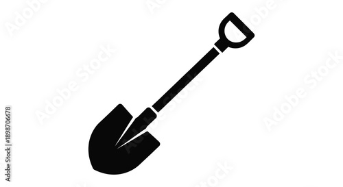 A stark black silhouette of a gardening shovel is prominently displayed against a clean bright white background silhouette high quality