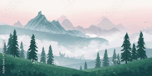 Scenic morning view of a misty mountain range featuring snowy peaks and green forest trees across a high alpine valley landscape under a cloudy sky