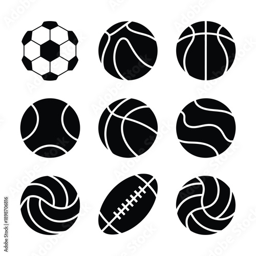 Black and white icons of various classic sports balls arranged in three rows isolated on white background, Vector, illustration