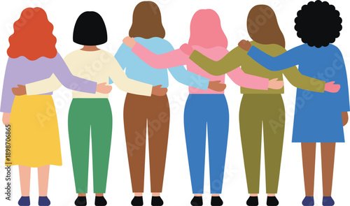 Diverse women standing together with arms around shoulders symbolizing unity solidarity friendship inclusion empowerment equality community support illustration concept social diversity awareness