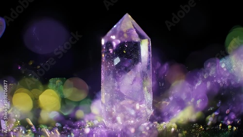A translucent, faceted crystal with internal inclusions and vibrant bokeh against a dark background