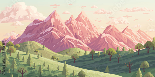 A panoramic summer view of the high alpine peaks and green valleys captures the scenic nature of a sunset and sunrise over the snow-capped mountain forest and rocky hills under a cloudy sky