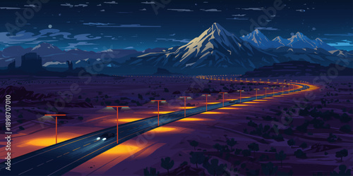 A winding asphalt highway leads through a snowy mountain landscape under a glowing sunset sky with motion blur as a car drives toward the forest hills at night