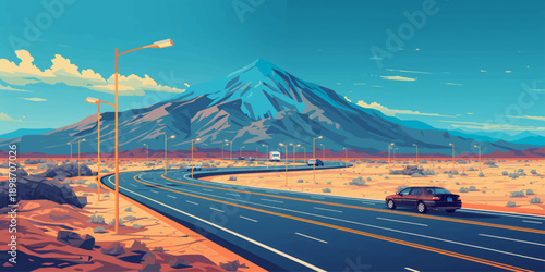 An empty asphalt highway winds through a scenic mountain landscape under a cloudy sky, offering a peaceful nature journey for a travel trip through the green hills and forest