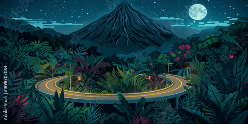 Vector landscape of a snowy mountain forest with a Christmas tree and stars under a cloudy night sky by a peaceful winter lake