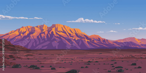 Scenic panorama of the snow covered peaks of Mount Hood and Mt Rainier rising above a high mountain landscape with a summer sunset glow over the clouds and rocky nature park valley