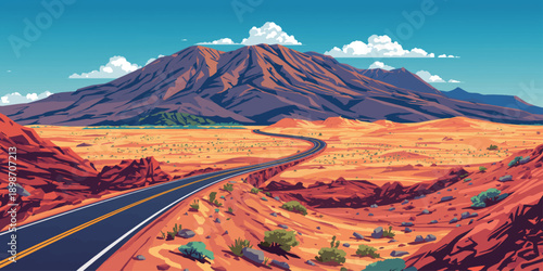 A scenic asphalt highway winds through a vast desert landscape toward snow-capped mountain peaks under a cloudy sky in the summer nature of an Argentine volcano valley