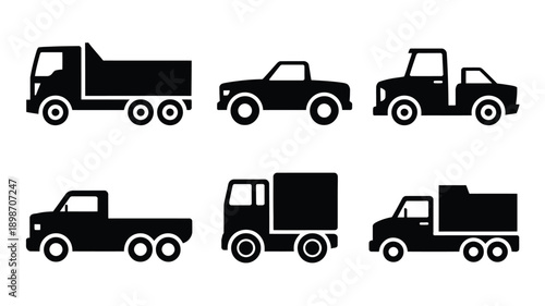 Assorted black and white silhouettes of various commercial and utility trucks isolated on white background, Vector, illustration