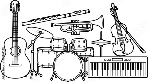 Collection of various musical instruments including an acoustic guitar a drum set a trumpet a violin a flute and a keyboard depicted in simple outline art style for creative projects.