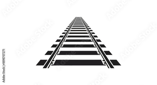 A striking black and white image depicts converging railroad tracks receding into the distance creating a dramatic perspective silhouette high quality professional