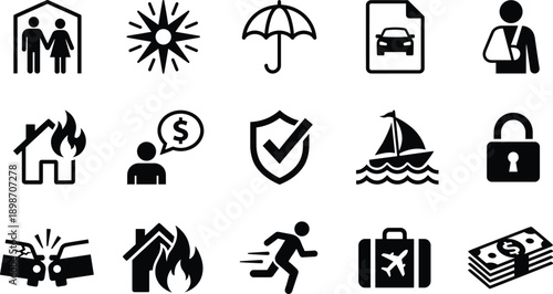 Insurance protection and risk management icon set illustrating home travel health accident safety finance coverage security emergency lifestyle outline design
