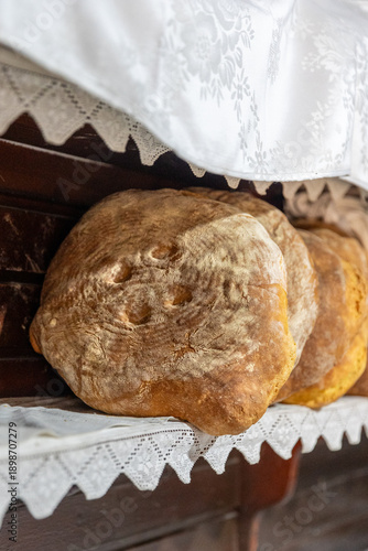 Summer vacation on Samothrace or Samothraki island Greece, impressive canyons with waterfalls and vathres, travel destination, handmade traditional bread