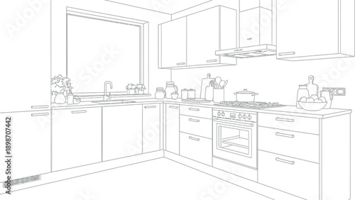 Modern corner kitchen layout featuring built-in appliances a sink under a large window and extensive cabinetry shown as a clean black and white line art illustration design plan