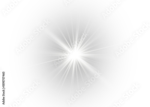 Bright white sun light beams and rays illuminate abstract neon background.
