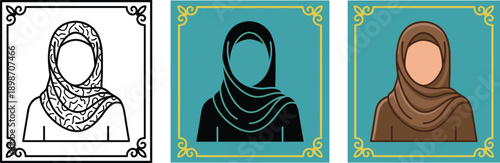 Muslim woman hijab portrait illustration set showing line art silhouette and colored design styles for identity culture diversity representation concept modern vector collection