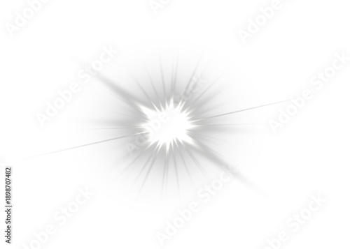 Radiant white sun light beams and rays illuminate glowing abstract space.
