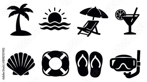 Flat icon set featuring summer vacation and travel essentials for holiday designs