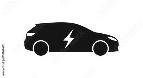 A sleek black silhouette of a modern electric vehicle with a prominent lightning bolt design on its side silhouette