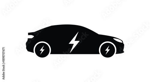 A sleek black electric vehicle is depicted with lightning bolt accents on its wheels and body a striking silhouette