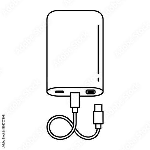Simple line drawing of a portable power bank with connected charging cable