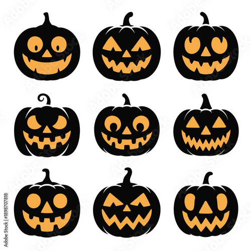 Halloween-themed jack-o'-lanterns with various spooky and friendly facial expressions isolated on white background, Vector, illustration
