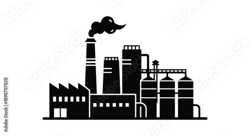 A stark black industrial complex with multiple smokestacks emitting pollution presented as a dramatic silhouette high quality professional detailed modern