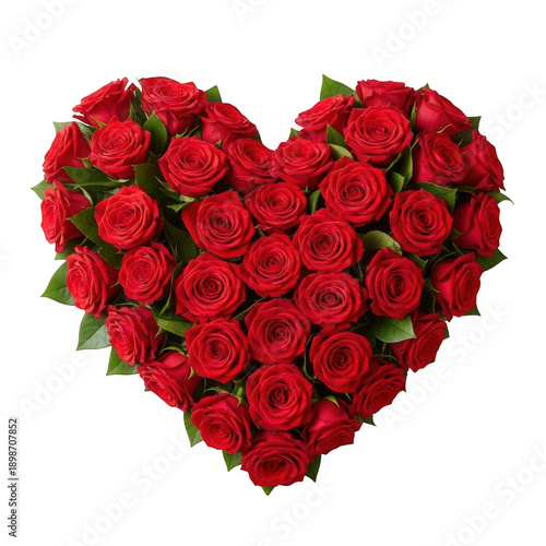 A heart-shaped arrangement of vibrant red roses on a white background