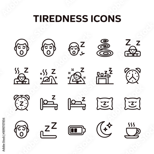 Collection of minimalistic line icons depicting various states of tiredness