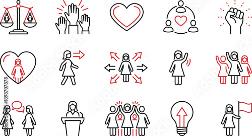 Women empowerment and feminism line icon set illustrating equality solidarity leadership love freedom justice activism rights community awareness social change design