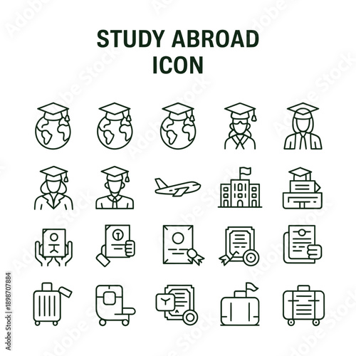 Study abroad icon set depicting global education and travel concepts