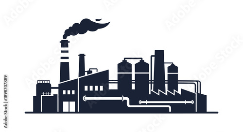 A stark black silhouette of an industrial complex with multiple smokestacks emitting plumes of smoke representing heavy industry silhouette