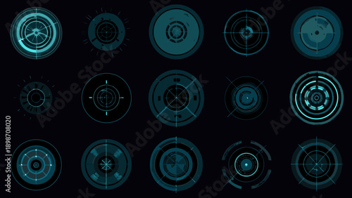 Collection of futuristic teal targeting reticles on a dark background