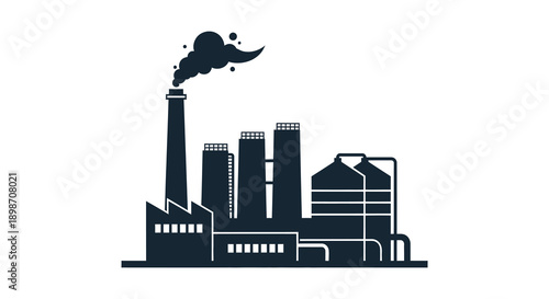 A stark depiction of an industrial complex with smokestacks emitting dark plumes presented as a bold silhouette high quality professional