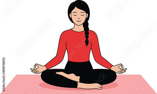 Young woman practicing yoga meditation sitting lotus pose symbolizing mindfulness wellness inner peace mental health balance relaxation self care illustration concept design