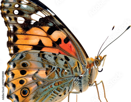 Close up macro profile view reveals the intricate and vibrant orange and blue patterns on the wing of a delicate painted lady butterfly perched against a stark white background in studio lighting.