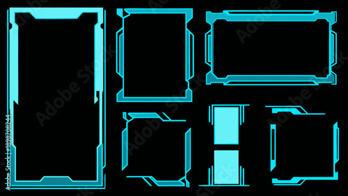 Assorted futuristic frames and graphical elements in cyan on black