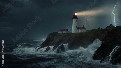 A lighthouse stands defiant as a storm rages, lightning illuminating the dramatic scene