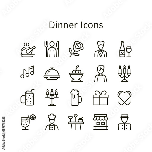 A collection of minimalist line icons representing dining and celebration
