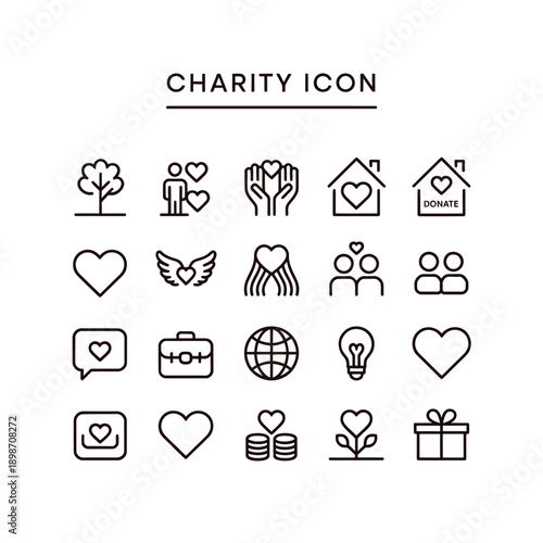 Charity and donation icon set featuring hearts hands and homes