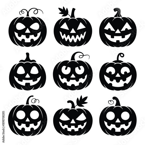 Creative collection of halloween jack-o'-lantern faces with unique expressions and designs isolated on white background, Vector, illustration