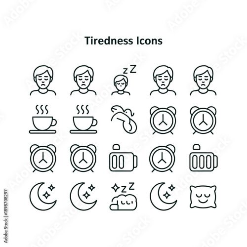 Collection of line art icons depicting tiredness sleep and related concepts