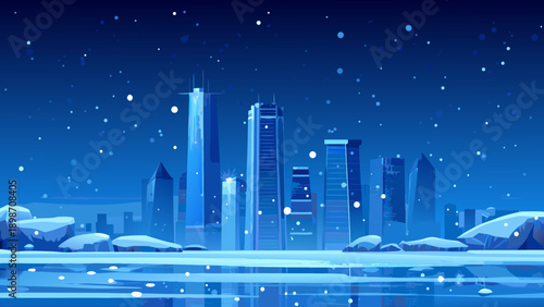 A stylized blue toned cityscape covered in falling snow during winter
