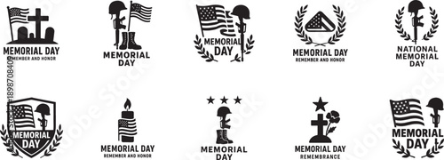 Memorial Day American national celebration icons in bold flat vector silhouette, isolated on white.