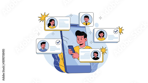 Young man manages several user profile cards on his large smartphone screen to find social connections or professional contacts.