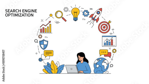 Female specialist uses a laptop while surrounded by a circular arrangement of various digital marketing and business icons.
