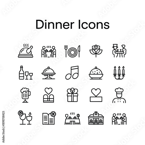 Collection of minimalist dinner and celebration related line icons displayed