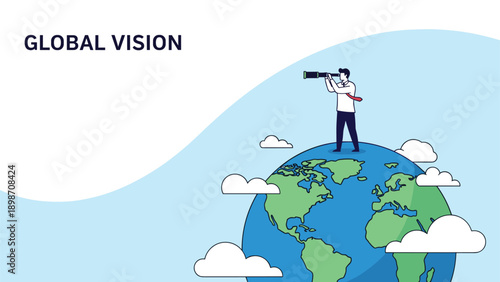 Visionary man stands on top of a green and blue globe while looking through a telescope to observe global trends and future ideas.